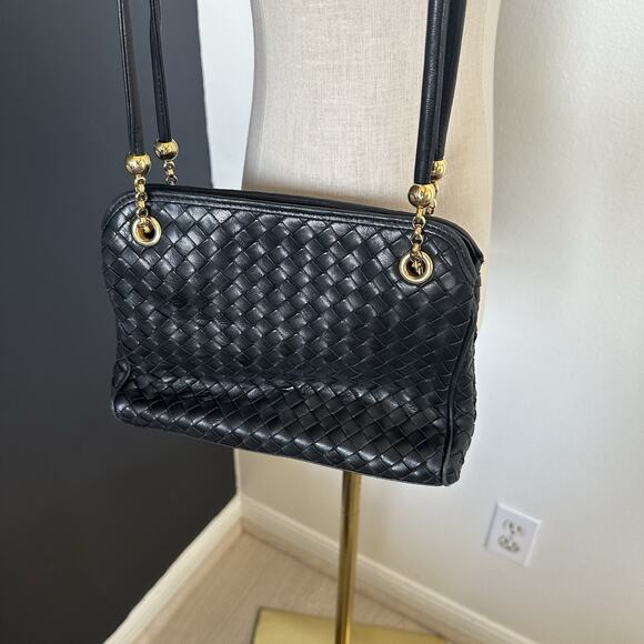 SISO ITALY VINTAGE LEATHER Woven Handbag Black Bottega Style Gold Accents - Picture 5 of 9